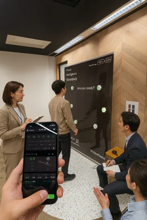 オフィス会議室で REAXION のデモを行う様子。スマートフォンに測定結果が表示されている。